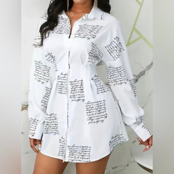 White Script Print Shirt Dress - Picture 1 of 4